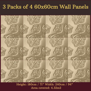 Decorative 3D Textured Feature Wall Panels in Gold Finish with Subtle ROSE Design Continuous Pattern-Gold-3 Pks 4 x 60x60cm-RadiatorCoversShop.com