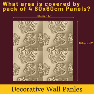 Decorative 3D Textured Feature Wall Panels in Gold Finish with Subtle ROSE Design Continuous Pattern-Gold-4 x 60x60cm / 23x23"-RadiatorCoversShop.com