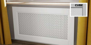 Elegant White Radiator Heater Covers with Classic CUBE decorative grille screening panel design-Radiator Covers > Panel Radiator Covers > Classic Radiator Covers > Designer Radiator Cover > Custom Made Radiator Covers > Heater Grill Covers > Clip on Panel Covers > Made to Measure Radiator Cover-RadiatorCoversShop.com