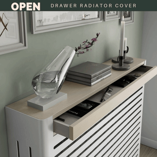 Modern Floating Radiator Heater Cover Box NORDIC STRIPE design with 1 or 2 wooden drawers OPEN & CLOSED  RadiatorCoversShop.com