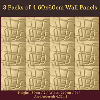Decorative 3D Textured Feature Wall Panels in Gold Finish with Contemporary Intriguing MAZE Design-Gold-3 Pks 4 x 60x60cm-RadiatorCoversShop.com