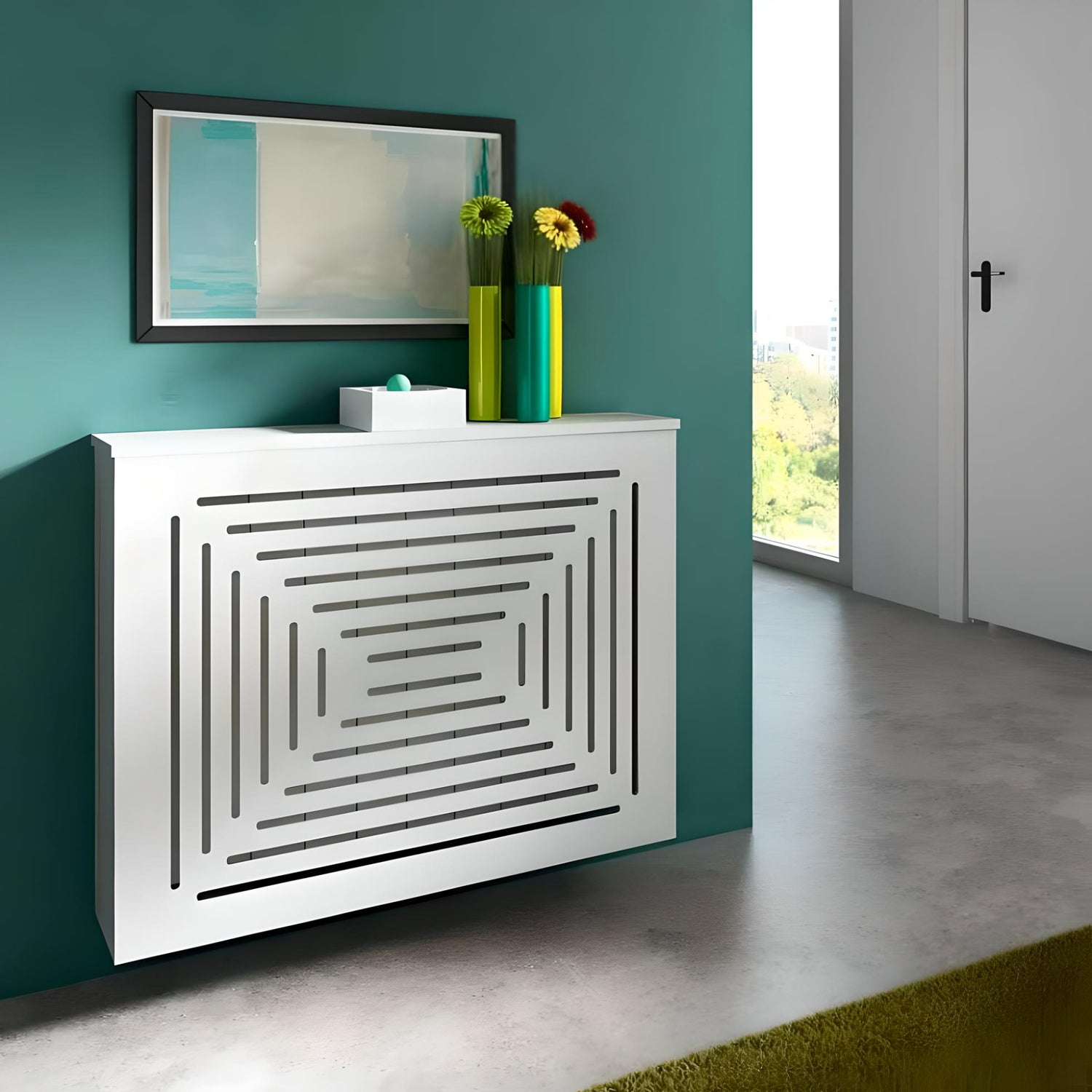 Modern Floating White Radiator Heater Cover Geometric Line design Shelf ...