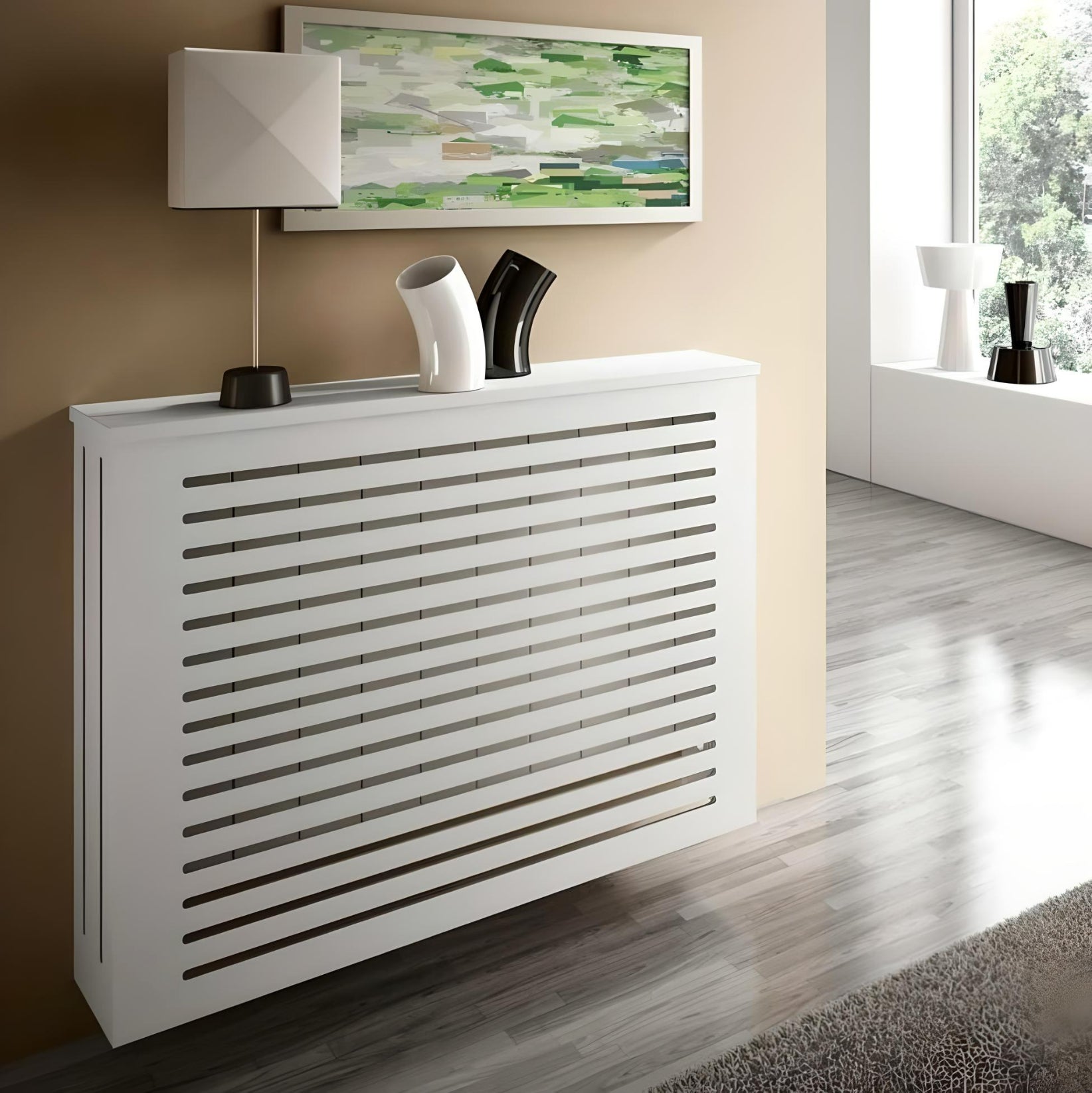 TWO Luxury Floating Radiator Heater Cover Framed Lines Panel Cabinet Box  Design with integrated top shelf RCLL121 – Distinct Designs (London) Ltd