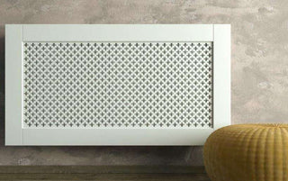 Traditional White Radiator Heater Covers with Classic Fleur de Lis decorative grille frame inset-Radiator Covers > Panel Radiator Covers > Classic Radiator Covers > Designer Radiator Cover > Custom Made Radiator Covers > Heater Grill Covers > Clip on Panel Covers > Made to Measure Radiator Cover-RadiatorCoversShop.com
