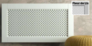 Traditional White Radiator Heater Covers with Classic Fleur de Lis decorative grille frame inset-Radiator Covers > Panel Radiator Covers > Classic Radiator Covers > Designer Radiator Cover > Custom Made Radiator Covers > Heater Grill Covers > Clip on Panel Covers > Made to Measure Radiator Cover-RadiatorCoversShop.com