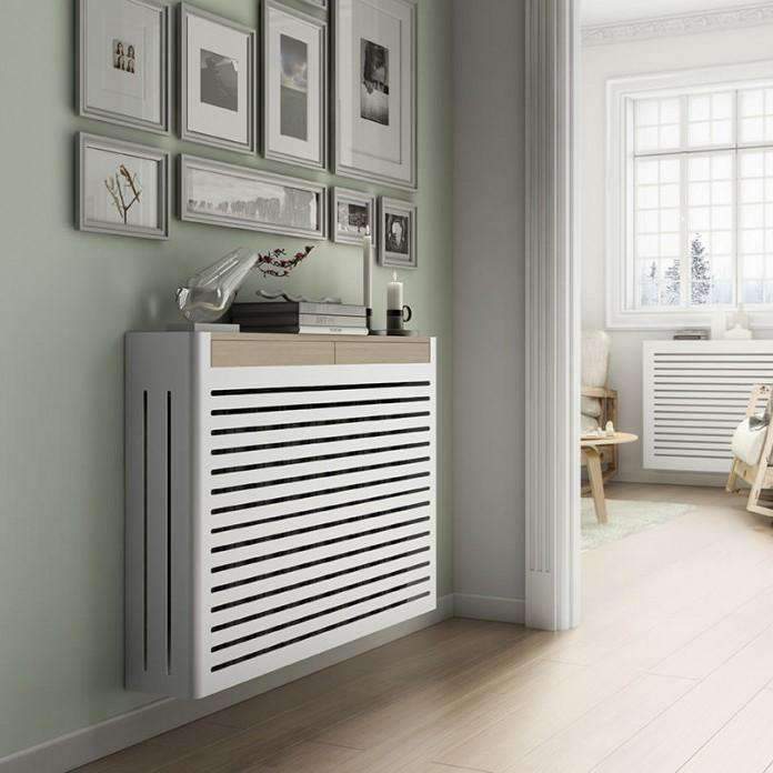 Modern Floating White Radiator Heater Cover Geometric Line design Shelf –